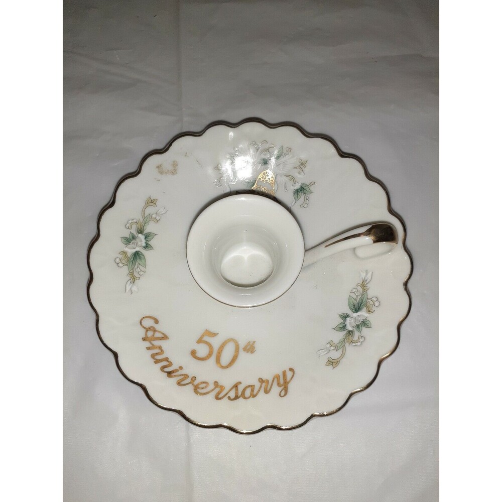 Lefton China 50th Anniversary Candlestick Candle Holder Handle Gold Trim 1103